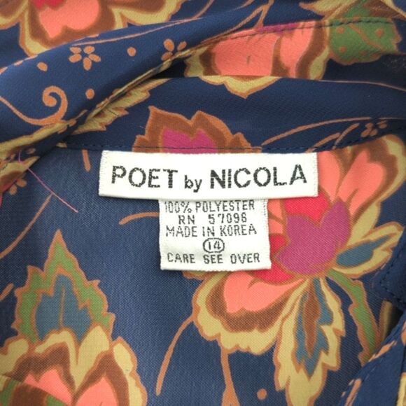 Poet by Nicola Vintage Navy Floral Side Button Up Collared Blouse Size Large - Picture 3 of 8